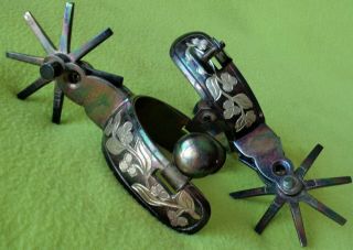 Blued Steel Vintage Double Sided Silver Inlay Mexican Vaquero Spurs Big Rowel Nr