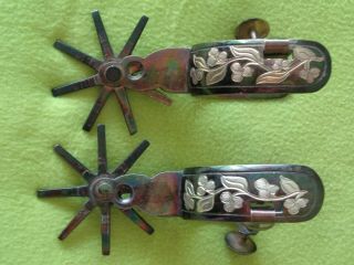 BLUED Steel Vintage DOUBLE Sided Silver Inlay Mexican Vaquero SPURS Big ROWEL NR 4
