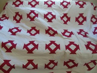 Vintage Hole In The Barn Door / Churn Dash Red And White Large Quilt