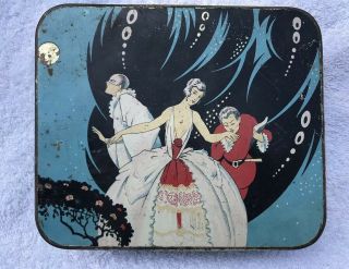 Large Antique French Art Deco Pierrot Harlequin Lady Lovers Box Tin Vintage