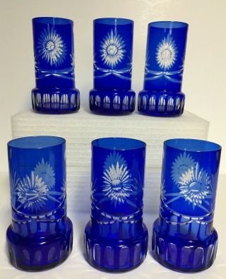 6 Vtg Cobalt Blue Cut To Clear Bohemian/czech Art Glass Highball Tumblers 9oz
