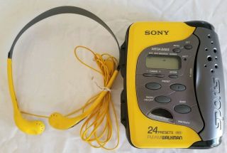Vintage Sony Walkman Sports Mega Bass Yellow Am/fm Headphones Fantastic