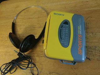 Vintage Sony Walkman Cassette Wm - Sx34 - Yellow Sports Avls - Mega Bass W/headphones