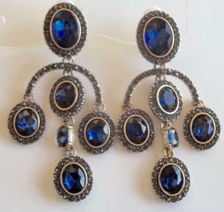 Oscar De La Renta Vintage Earrings Sapphire & Sky Blue Rhinestone Chandeliers