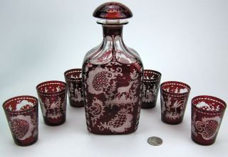 Vintage Egermann Ruby Red Cut To Clear Blown Glass Whiskey Decanter W/ 6 Glasses