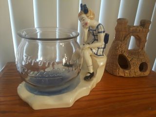 Vintage Old Aquarium Ceramic 1950 ' s Fishbowl Stand With Rexall Advertising Bowl 3