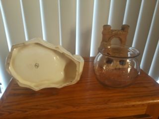 Vintage Old Aquarium Ceramic 1950 ' s Fishbowl Stand With Rexall Advertising Bowl 4