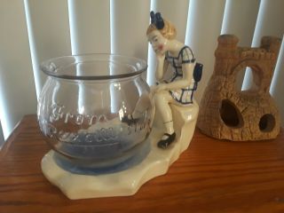 Vintage Old Aquarium Ceramic 1950 ' s Fishbowl Stand With Rexall Advertising Bowl 6