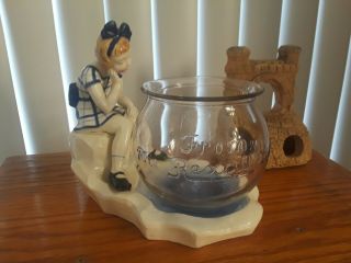Vintage Old Aquarium Ceramic 1950 ' s Fishbowl Stand With Rexall Advertising Bowl 7
