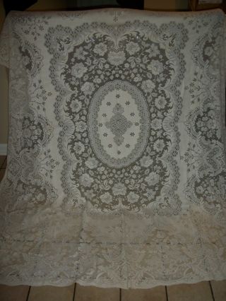 Vintage Floral Quaker / Filet Lace Tablecloth Ivory Color Size 72 " X 84 " Inch