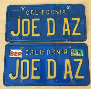 Vintage California Blue License Plate Tag Pair JOE D AZ 1984 Personalized 2