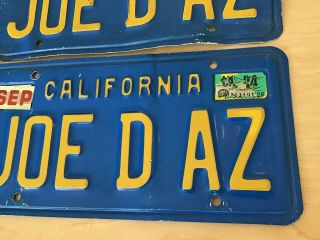 Vintage California Blue License Plate Tag Pair JOE D AZ 1984 Personalized 4
