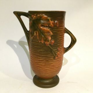 Vintage Roseville Usa Pottery Russet Brown Bushberry Vase W/ Twig Handles 29 - 6