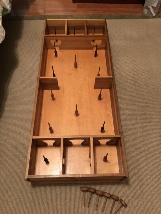 1960’s Wooden Vintage Skittles Game.  Comes With 16 Pins And 6 Tops.  18.  5 X 45.  5”