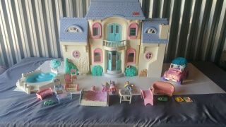 Vintage Blue Roof 1997 Fisher Price Loving Family Dollhouse Dolls Jeep Pool Etc