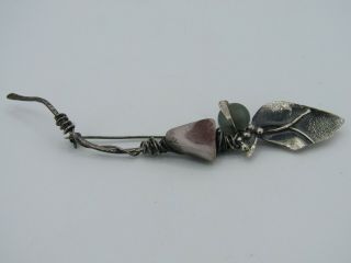 Vintage Sterling Silver Brutalist Floral Seaglass Brooch Pin