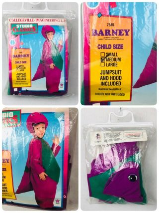 Vintage 93 Barney Dinosaur Child Medium Costume Dress Up Years Purple Mask Tail