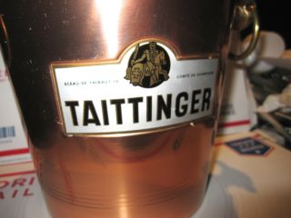 VINTAGE TAITTINGER FRENCH CHAMPAGNE COPPER ICE BUCKET W/ GLASS LINER VERY GOOD 2