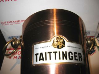VINTAGE TAITTINGER FRENCH CHAMPAGNE COPPER ICE BUCKET W/ GLASS LINER VERY GOOD 3