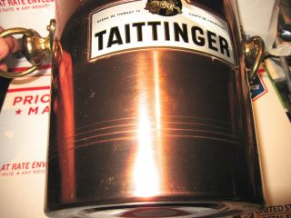 VINTAGE TAITTINGER FRENCH CHAMPAGNE COPPER ICE BUCKET W/ GLASS LINER VERY GOOD 4