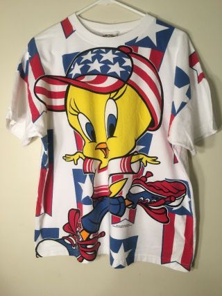 Vintage 1995 Tweety Bird Looney Tunes Usa Flag America All Over Shirt Large