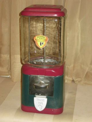 Vintage Oak Acorn 1 Cent All Purpose Gumball Peanut Vending Machine.