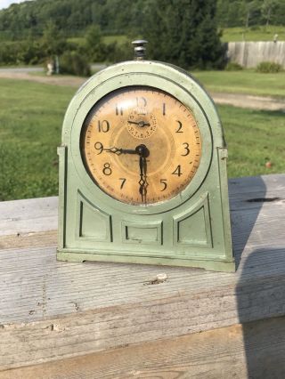 Vintage Clock Art Deco Haven Green Metal Case Push Switch