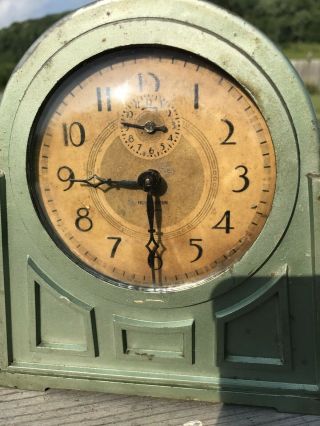 Vintage Clock Art Deco Haven Green Metal Case Push Switch 2
