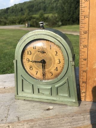 Vintage Clock Art Deco Haven Green Metal Case Push Switch 3