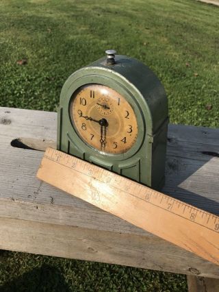 Vintage Clock Art Deco Haven Green Metal Case Push Switch 4