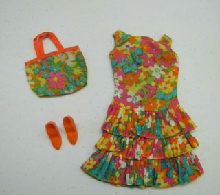 Vintage Barbie 1967 " Bouncy Flouncy " 1805 Outfit Vibrant Colors Dress Shoes Bag