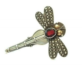 Vintage Artisan Sterling Silver Dragonfly Pin Brooch Violin Body Red Garnet