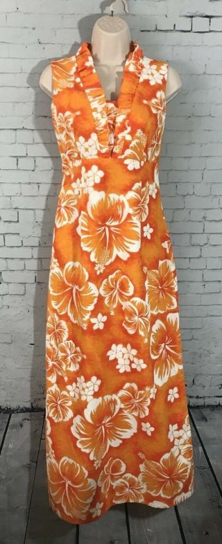 Vintage Made In Hawaii Luau Maxi Dress Orange White Floral Print Womens Xs