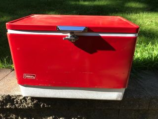 Vintage Coleman Red Metal Cooler Box Plastic Handles