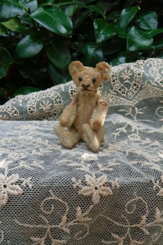 Vintage Miniature 3 1/2 " Jointed Mohair Bear Glass Eyes With Wear