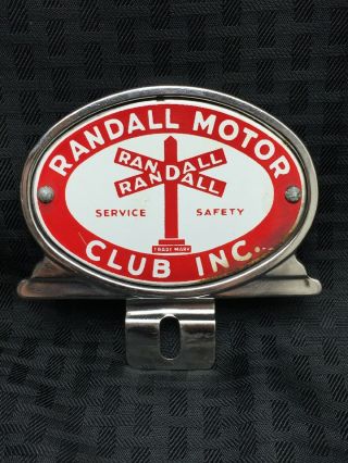 Randall Motor Club Vintage License Plate Topper,  Rare Porcelain And Chrome