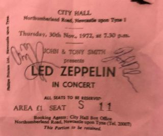 Vintage & Rare Led Zeppelin City Hall Newcastle Concert Ticket Stub - Autographed