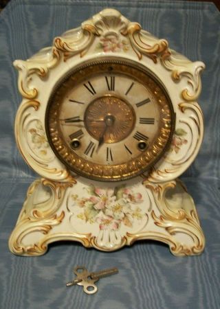 Vintage/antique Ansonia Yellow Porcelain Mantle Clock