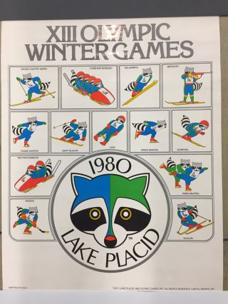 Lake Placid Xiii Olympic 1980 Winter Games Ronni Raccoon Vintage Event Poster