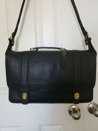 Coach Vintage Black Leather Briefcase Saddle Flap Messenger Bag Pen/id Slots