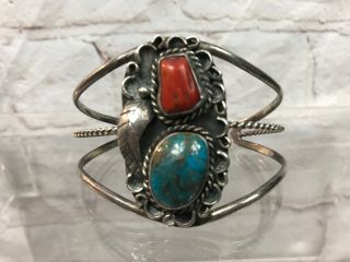 Vintage Navajo Sterling Silver Turquoise Red Coral Cuff Bracelet Native American