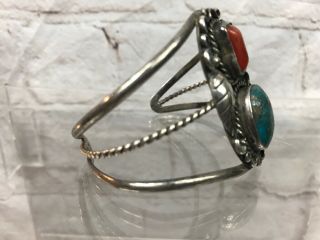 vintage navajo sterling silver turquoise red coral cuff bracelet Native American 2