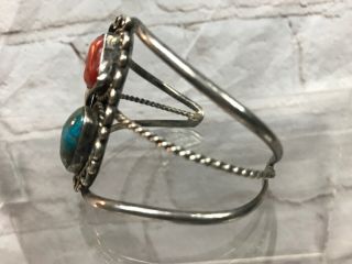 vintage navajo sterling silver turquoise red coral cuff bracelet Native American 3
