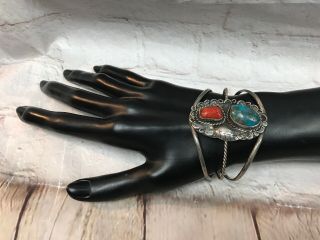 vintage navajo sterling silver turquoise red coral cuff bracelet Native American 4