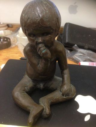 Vintage Bronze Sculpture Of Young Naked Boy Sucking His Thumb Unsigned