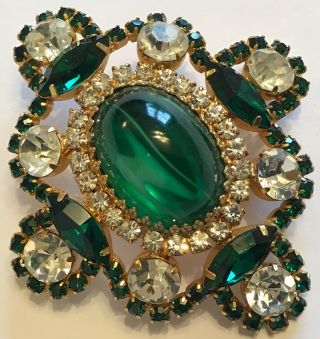 Vintage D & E Juliana Flawed Emerald & Clear Rhinestone Brooch / Pendant