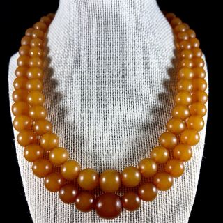 Vintage Russian Double Stand Butterscotch Amber Bead Necklace Graduated Choker.