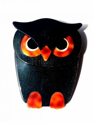 Vintage Signed Lea Stein Paris Textured Black,  Orange Buba Owl Brooch /pin