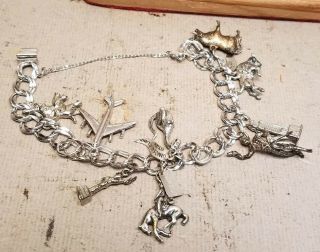 Vintage Double Link Sterling Silver Charm Bracelet With Safety Chain,  9 Charms