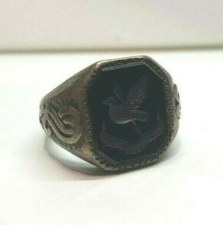 Vintage Sterling Silver Military Ring Black Onyx Dove & Arrow